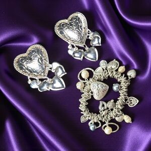 Heart Scroll Dangle Drop Puffed Heart Pierced Post Earrings & Matching Bracelet